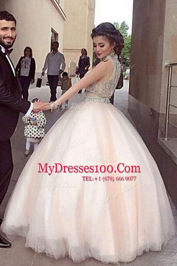 Tulle High-neck Sleeveless Zipper Beading Military Ball Dresses in White