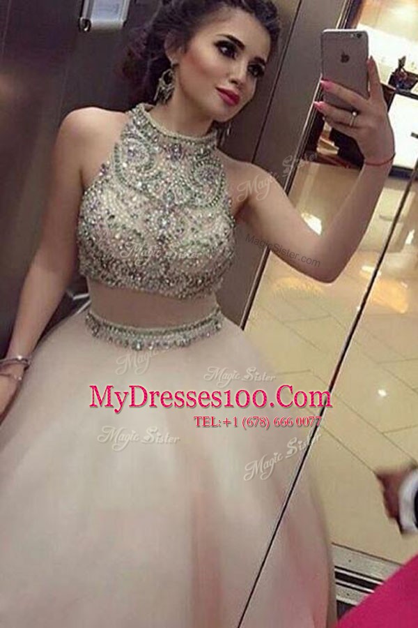 Tulle High-neck Sleeveless Zipper Beading Military Ball Dresses in White