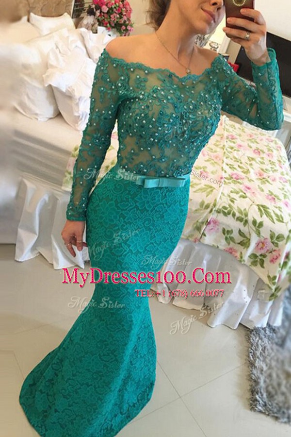 Shining Mermaid Lace Turquoise Off The Shoulder Neckline Beading Homecoming Dress Long Sleeves Side Zipper