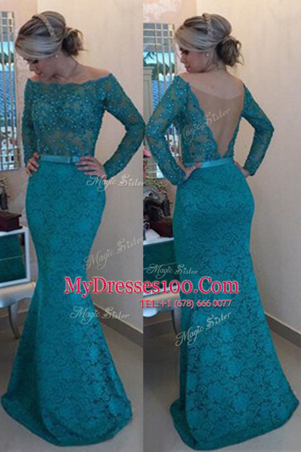 Shining Mermaid Lace Turquoise Off The Shoulder Neckline Beading Homecoming Dress Long Sleeves Side Zipper