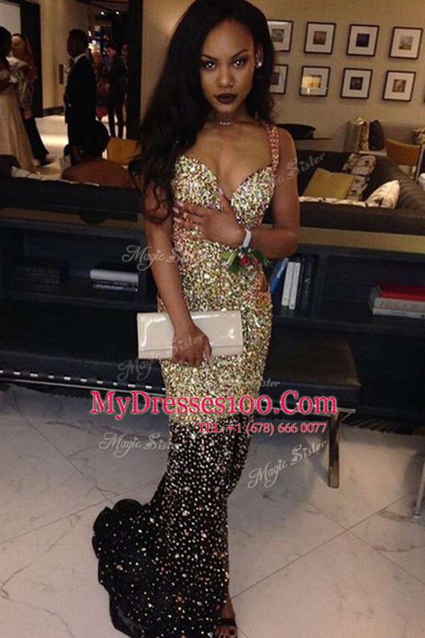 Cute Mermaid Gold Sleeveless Sweep Train Beading With Train Evening Dress