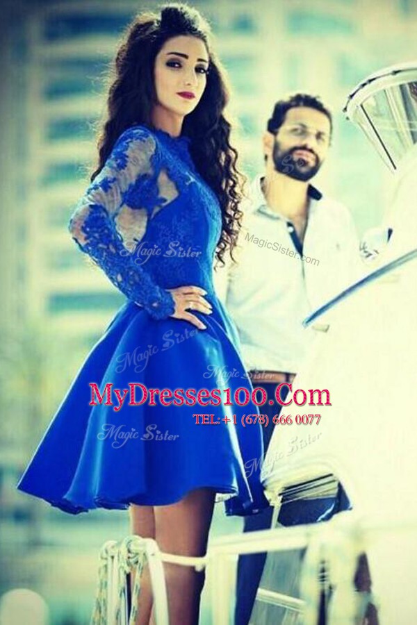 Mini Length Royal Blue Evening Party Dresses Satin Sleeveless Lace