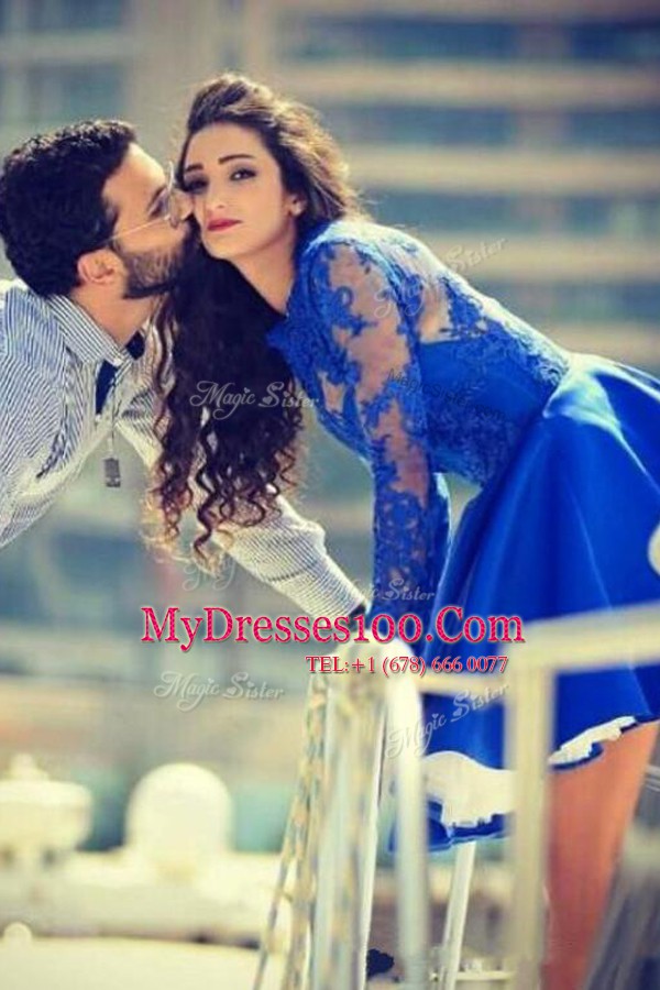 Mini Length Royal Blue Evening Party Dresses Satin Sleeveless Lace