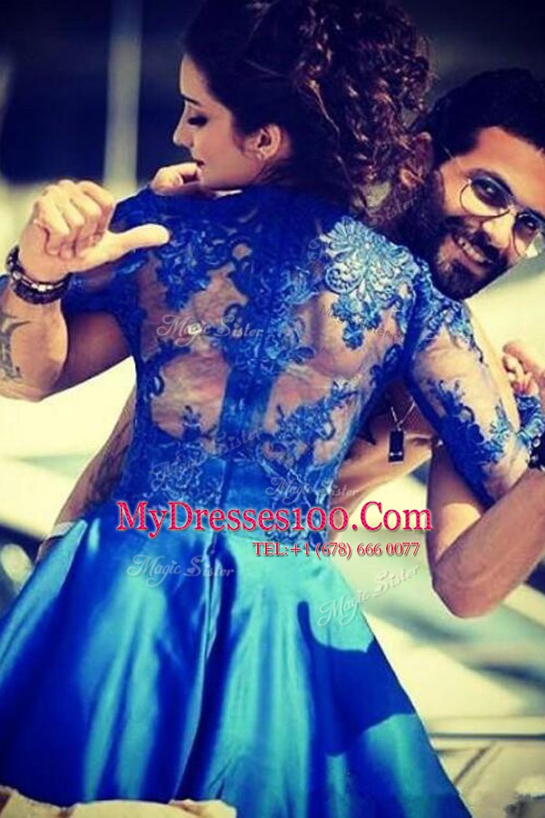 Mini Length Royal Blue Evening Party Dresses Satin Sleeveless Lace
