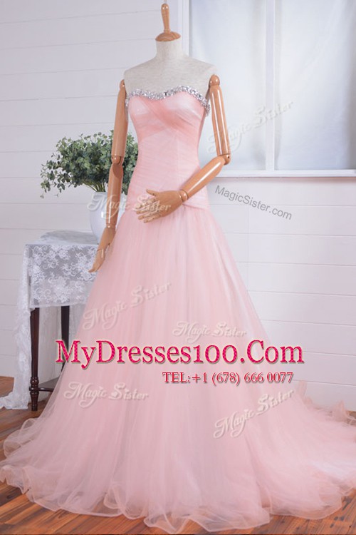 Beading and Ruching Prom Party Dress Pink Zipper Sleeveless With Train Sweep Train