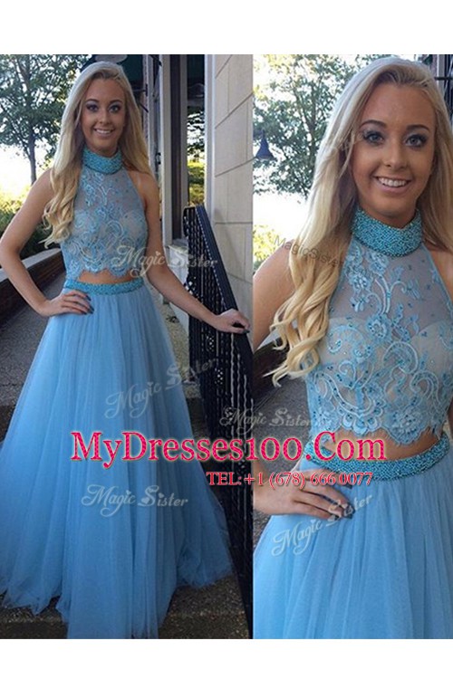 Baby Blue Zipper High-neck Beading and Appliques Prom Evening Gown Organza Sleeveless