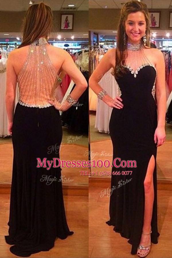 Cheap Column/Sheath Dress for Prom Black Halter Top Satin Sleeveless Floor Length Zipper