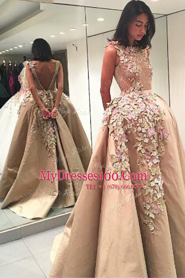 Champagne A-line Bateau Sleeveless Satin Floor Length Backless Lace and Appliques Military Ball Gown