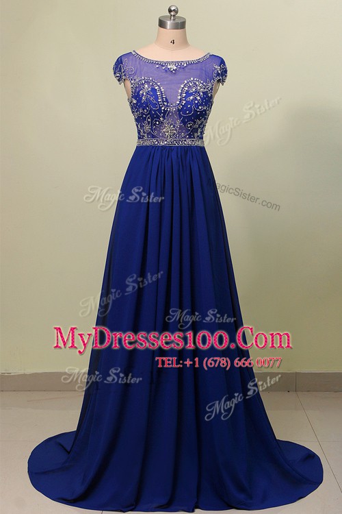 Scoop Blue Cap Sleeves Chiffon Zipper Dress for Prom for Prom and Party