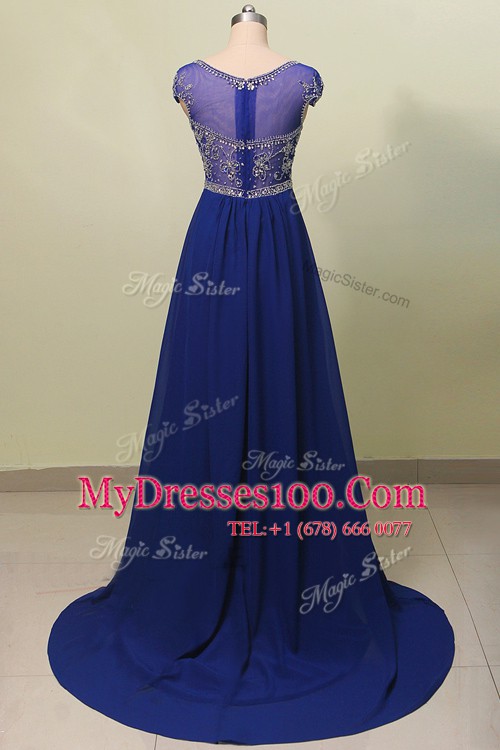 Scoop Blue Cap Sleeves Chiffon Zipper Dress for Prom for Prom and Party