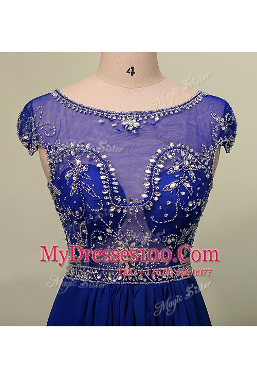 Scoop Blue Cap Sleeves Chiffon Zipper Dress for Prom for Prom and Party