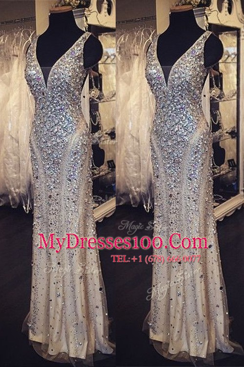 Champagne V-neck Zipper Beading Prom Party Dress Sleeveless