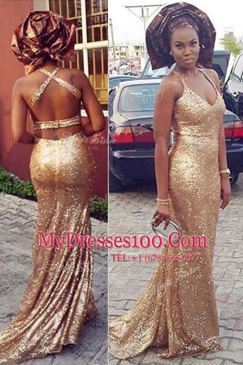 Classical Gold Criss Cross Halter Top Sequins Evening Outfits Sequined Sleeveless Brush Train