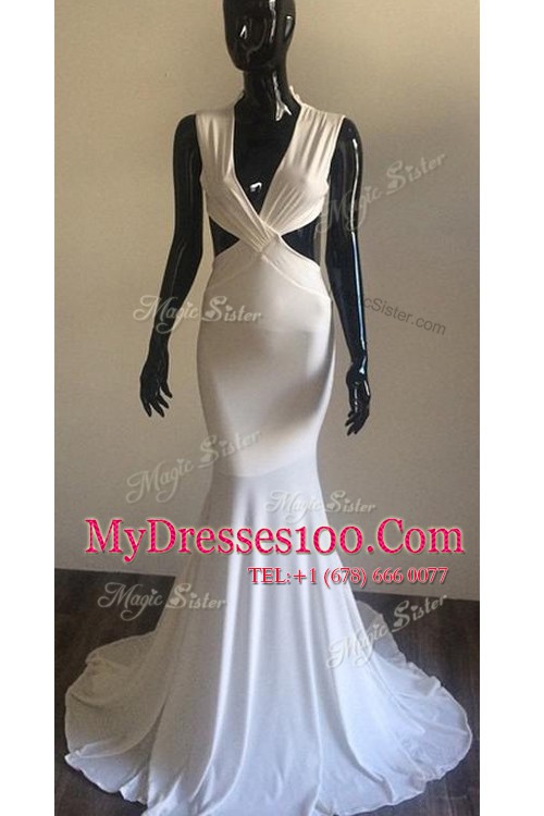 Mermaid White Elastic Woven Satin Backless V-neck Sleeveless With Train Prom Party Dress Brush Train Ruching