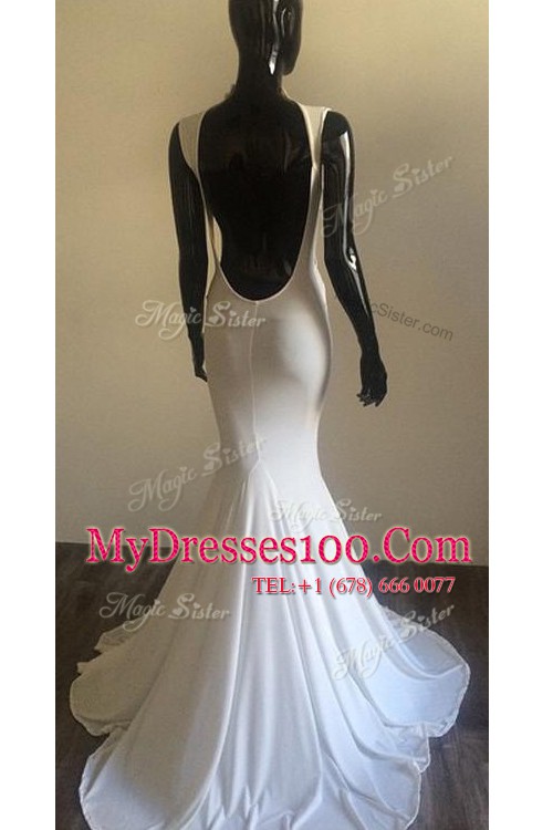 Mermaid White Elastic Woven Satin Backless V-neck Sleeveless With Train Prom Party Dress Brush Train Ruching