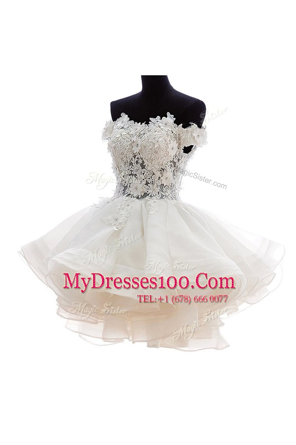 Off the Shoulder Lace White Zipper Womens Party Dresses Beading Sleeveless Knee Length