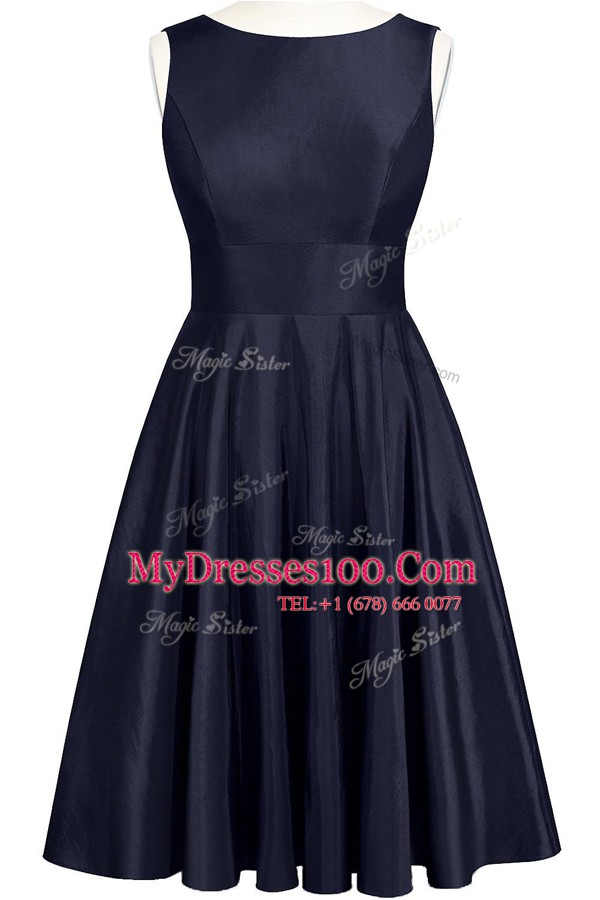 Navy Blue A-line Scoop Sleeveless Taffeta Knee Length Backless Bowknot Homecoming Dress