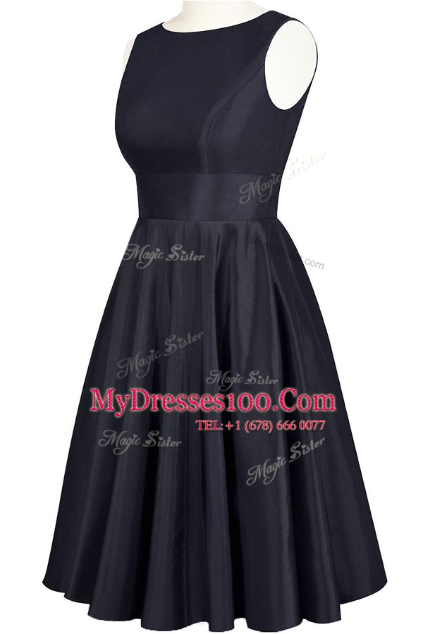 Navy Blue A-line Scoop Sleeveless Taffeta Knee Length Backless Bowknot Homecoming Dress