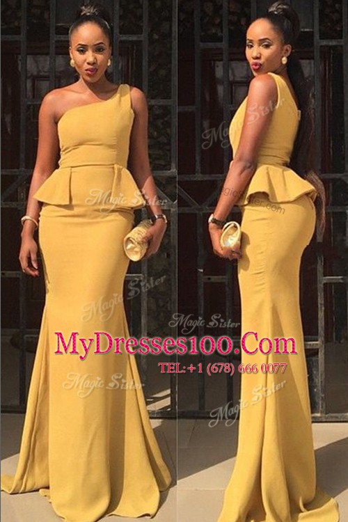 Spectacular One Shoulder Yellow Mermaid Ruching Homecoming Dress Zipper Elastic Woven Satin Sleeveless Floor Length