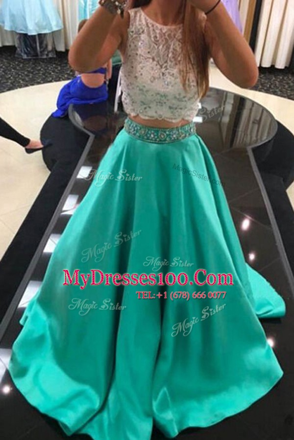 Vintage Scoop Turquoise Zipper Beading and Lace Sleeveless With Train