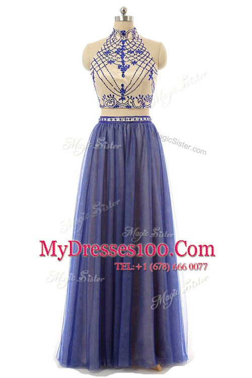Navy Blue A-line Tulle Halter Top Sleeveless Appliques Floor Length Zipper Prom Dresses