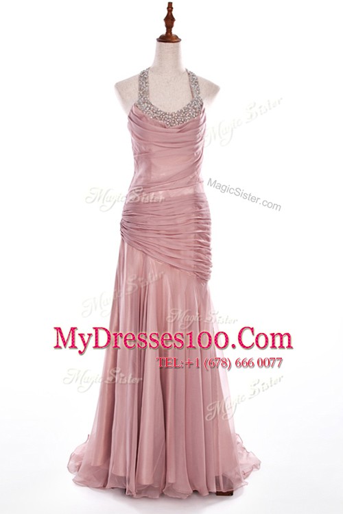 Most Popular Halter Top With Train Side Zipper Prom Evening Gown Pink for Prom and Party with Beading Brush Train