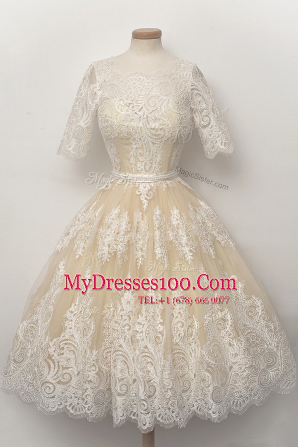 Scalloped Half Sleeves Cocktail Dresses Knee Length Lace and Belt Champagne Tulle