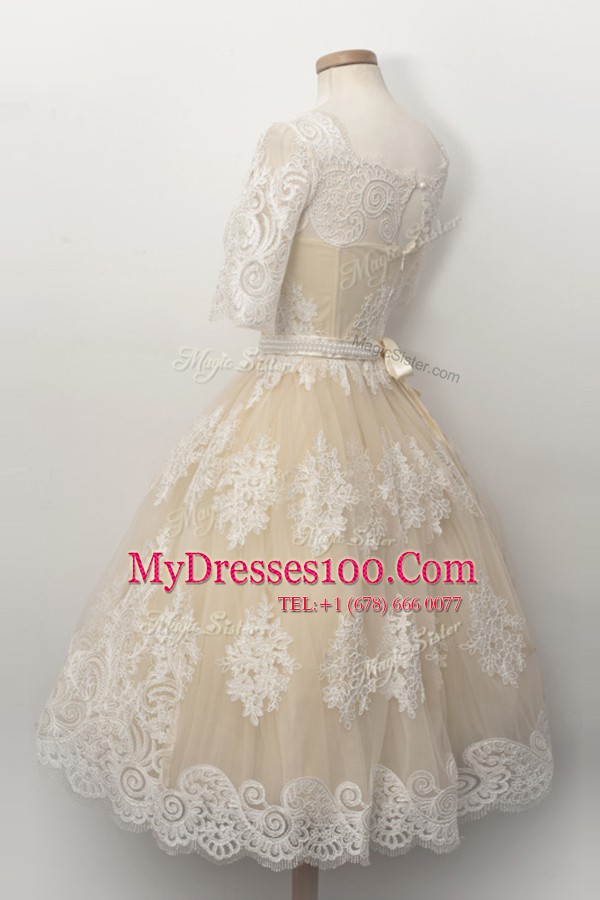 Scalloped Half Sleeves Cocktail Dresses Knee Length Lace and Belt Champagne Tulle