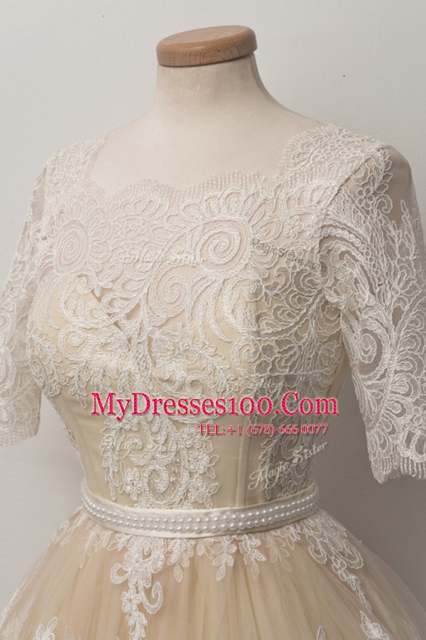Scalloped Half Sleeves Cocktail Dresses Knee Length Lace and Belt Champagne Tulle
