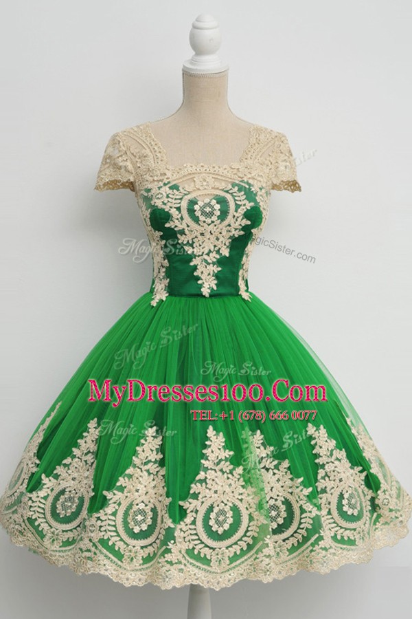 Green Cap Sleeves Lace Knee Length Party Dress