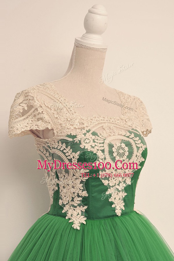 Green Cap Sleeves Lace Knee Length Party Dress