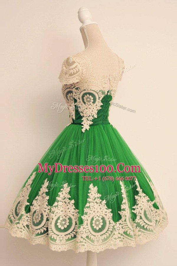 Green Cap Sleeves Lace Knee Length Party Dress