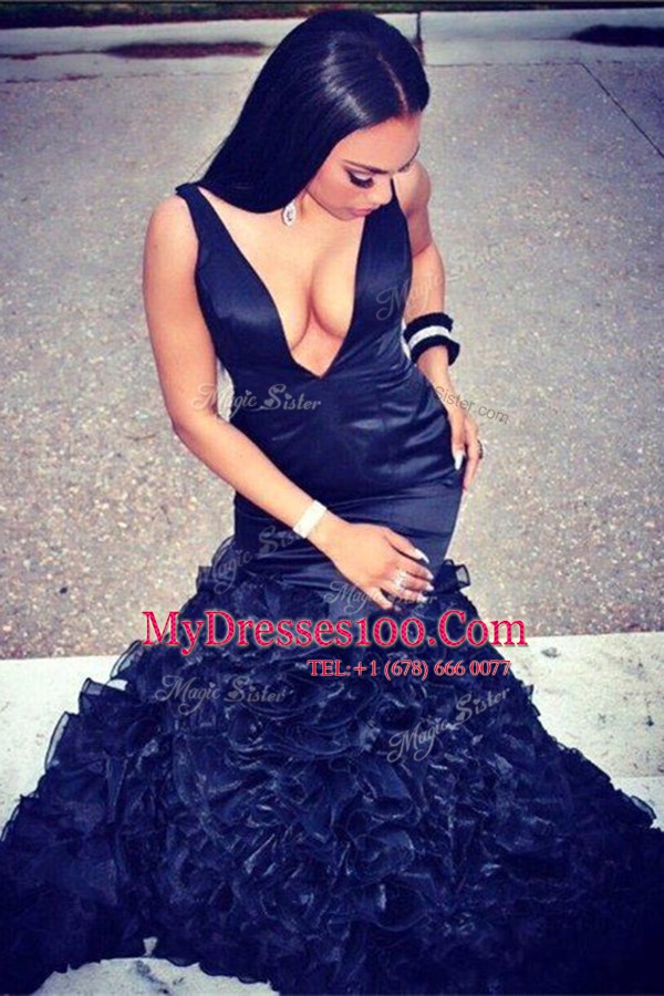 Custom Fit Mermaid Navy Blue Sleeveless Satin Sweep Train Zipper for Prom and Party