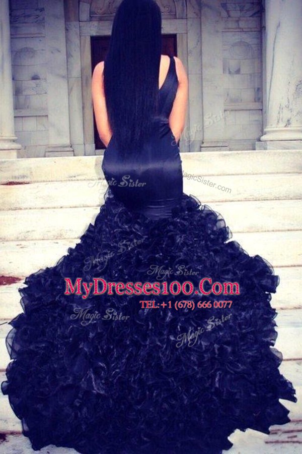 Custom Fit Mermaid Navy Blue Sleeveless Satin Sweep Train Zipper for Prom and Party