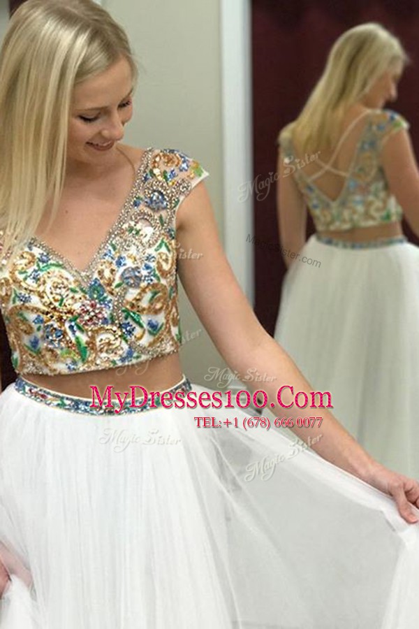 Floor Length White Womens Evening Dresses V-neck Cap Sleeves Criss Cross