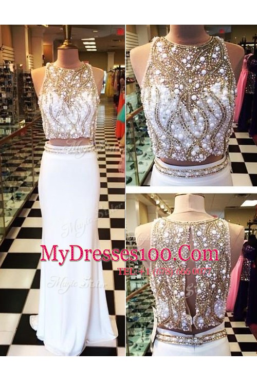 Romantic White Chiffon Zipper Scoop Sleeveless Floor Length Prom Evening Gown Beading and Appliques