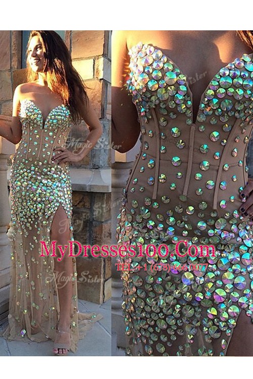 Elegant Champagne Column/Sheath Sweetheart Sleeveless Organza With Brush Train Zipper Beading Prom Gown