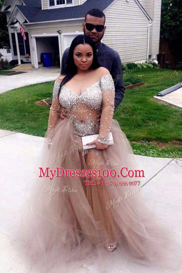 Ideal Scoop Grey Long Sleeves Beading Zipper Evening Dress