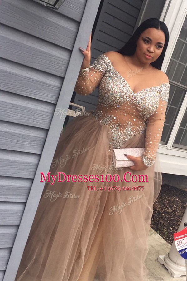 Ideal Scoop Grey Long Sleeves Beading Zipper Evening Dress