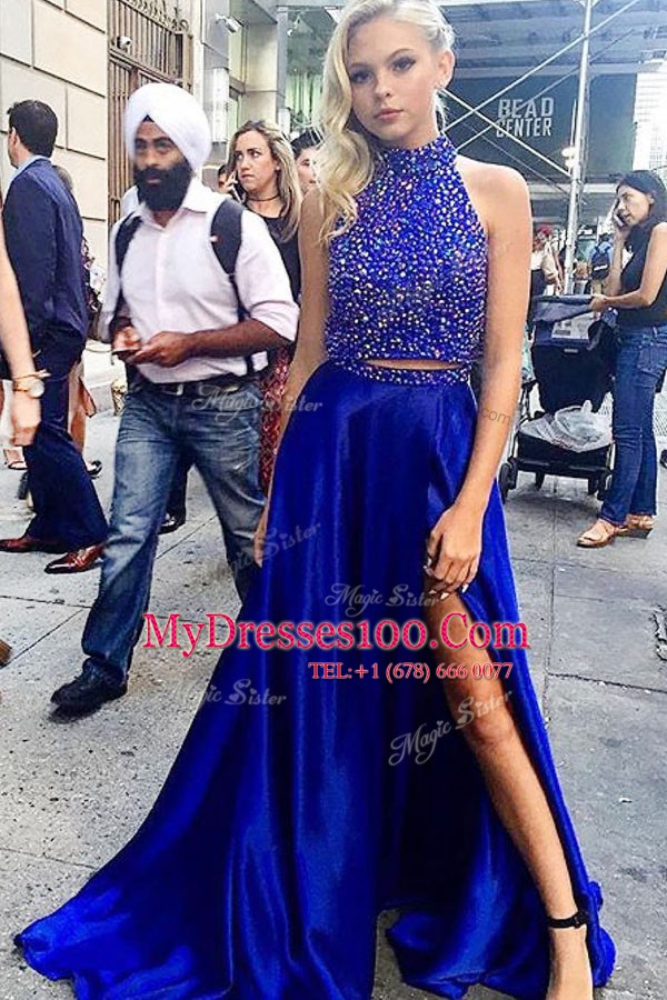 Fantastic Royal Blue Satin Zipper Evening Gowns Sleeveless With Train Sweep Train Beading