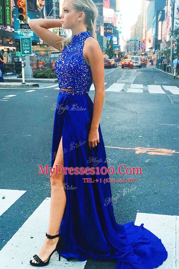 Fantastic Royal Blue Satin Zipper Evening Gowns Sleeveless With Train Sweep Train Beading