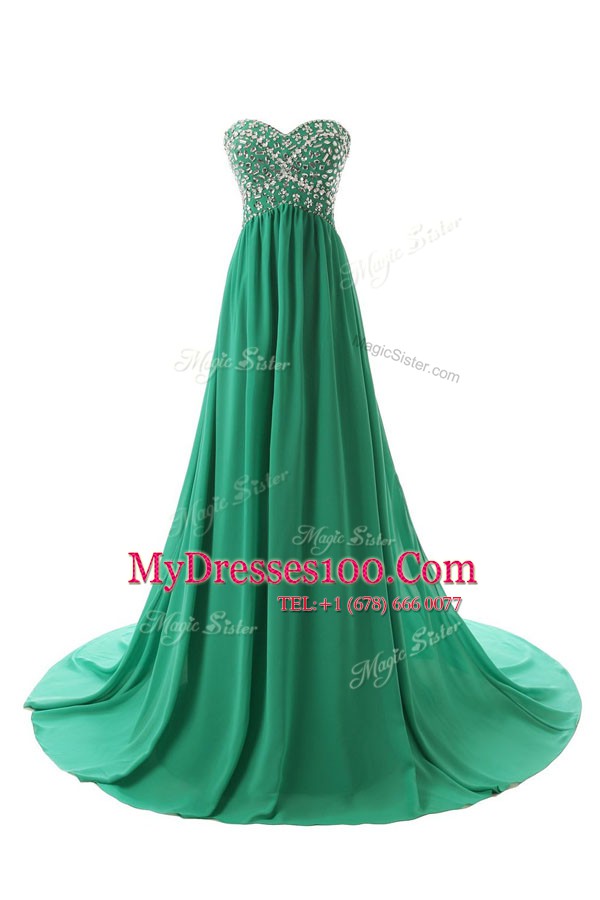 Fashionable Green Sleeveless Chiffon Court Train Zipper Prom Party Dress for Prom and Party and Wedding Party