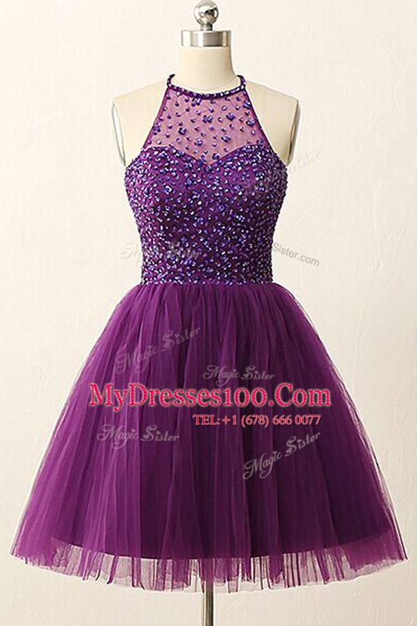 Scoop Purple Sleeveless Sequins Mini Length Womens Evening Dresses