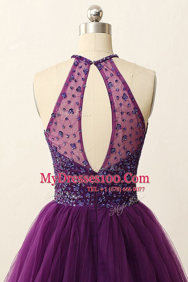 Scoop Purple Sleeveless Sequins Mini Length Womens Evening Dresses