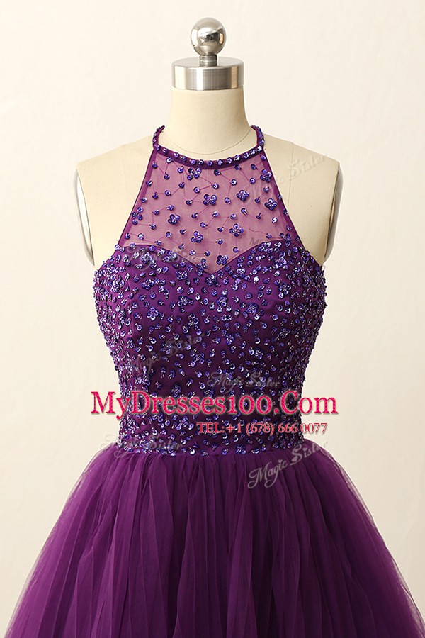 Scoop Purple Sleeveless Sequins Mini Length Womens Evening Dresses