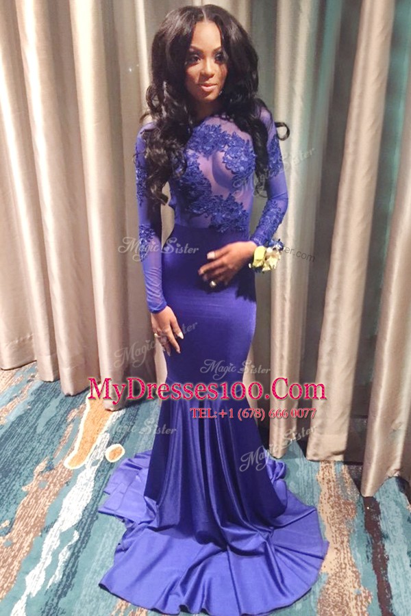 Luxury Mermaid Long Sleeves Brush Train Backless With Train Lace Dress for Prom