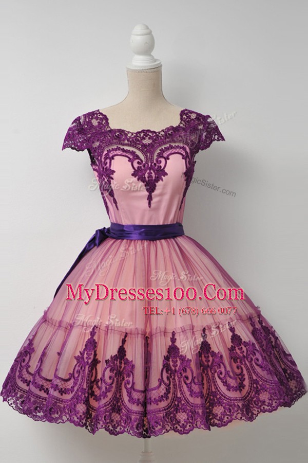 High Quality Purple Ball Gowns Tulle Square Cap Sleeves Belt Mini Length Zipper Evening Outfits