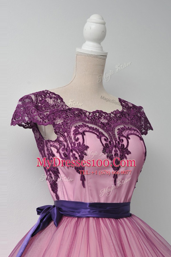High Quality Purple Ball Gowns Tulle Square Cap Sleeves Belt Mini Length Zipper Evening Outfits