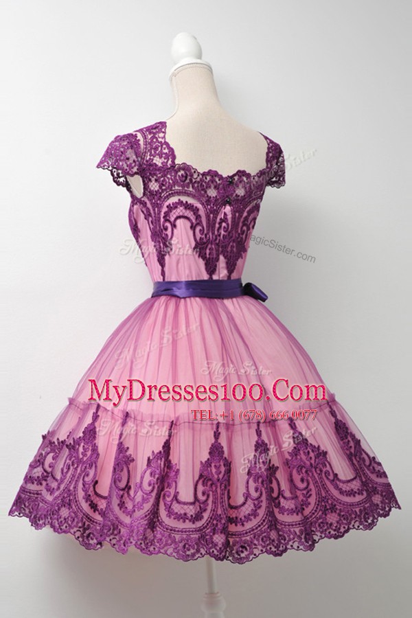 High Quality Purple Ball Gowns Tulle Square Cap Sleeves Belt Mini Length Zipper Evening Outfits
