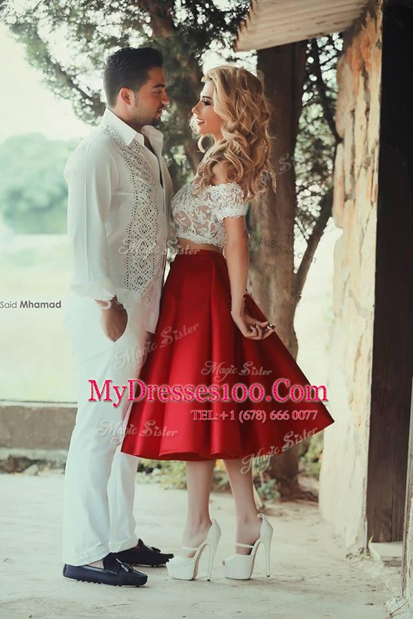 Off The Shoulder Short Sleeves Evening Dress Tea Length Lace Red Satin